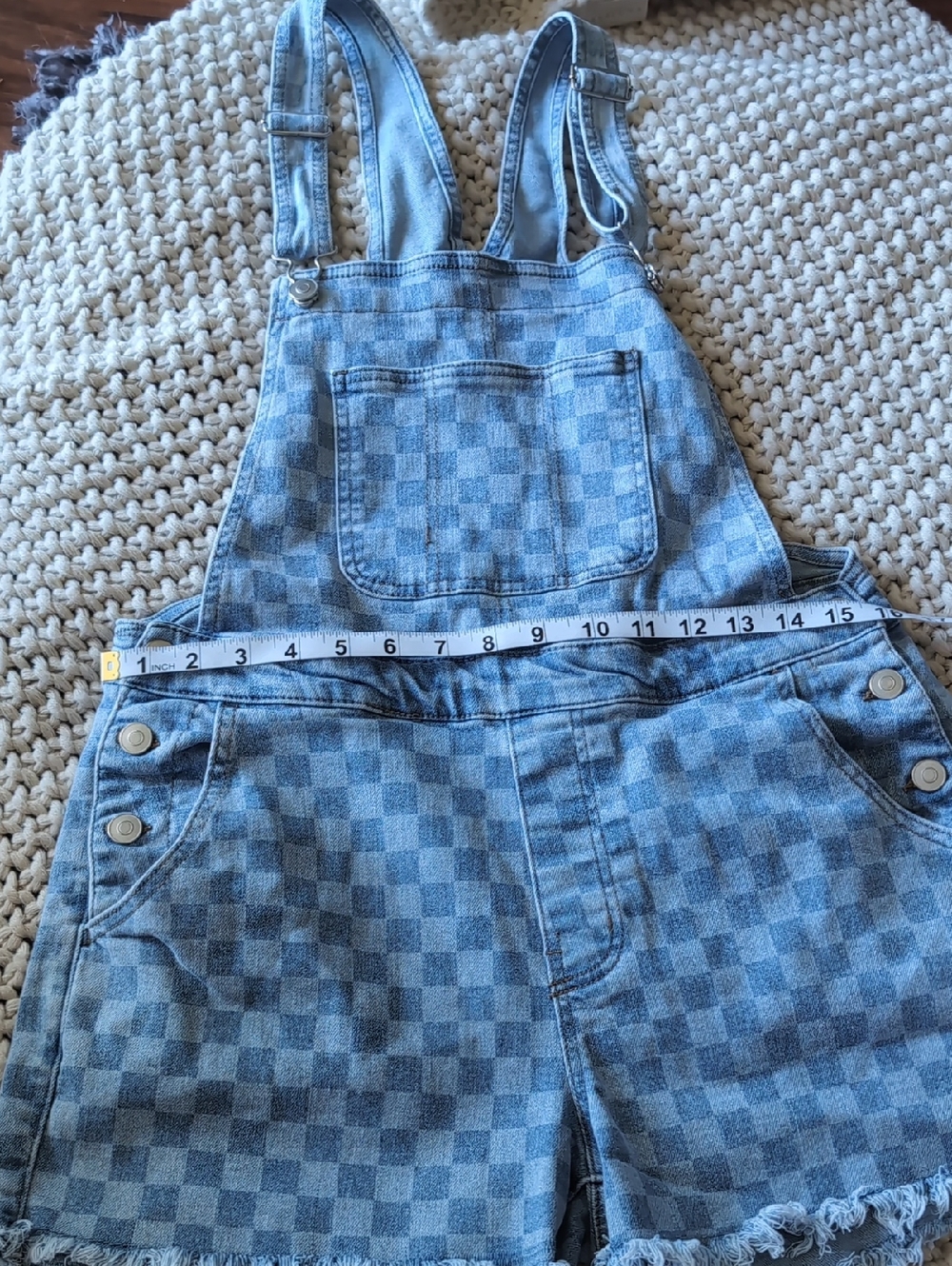 No Boundaries Light Blue Checkered Denim Short Overalls - Picture 2 of 6